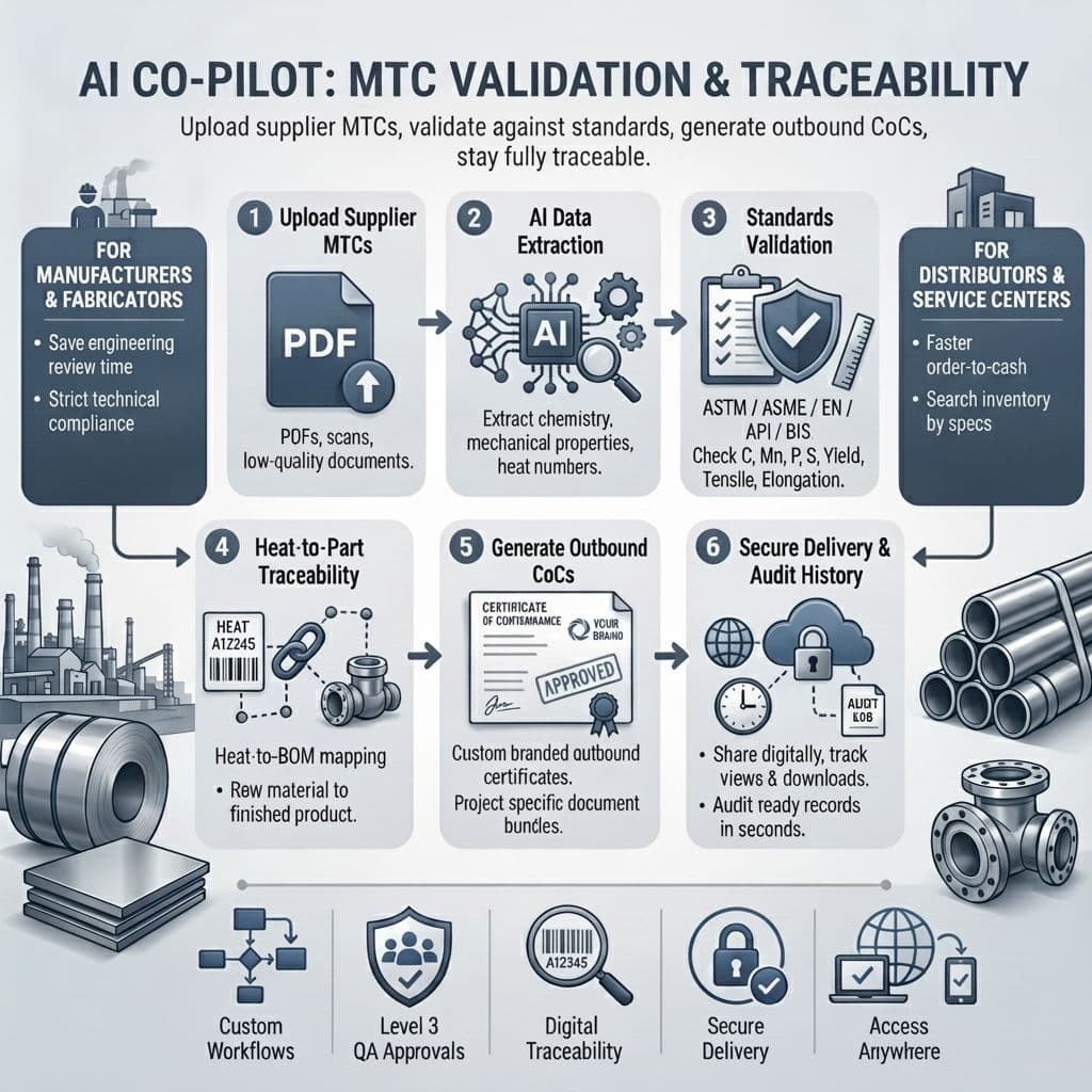 TestCert dashboard showing AI-powered MTC validation with ASTM/EN standard checks and certificate of conformance generation