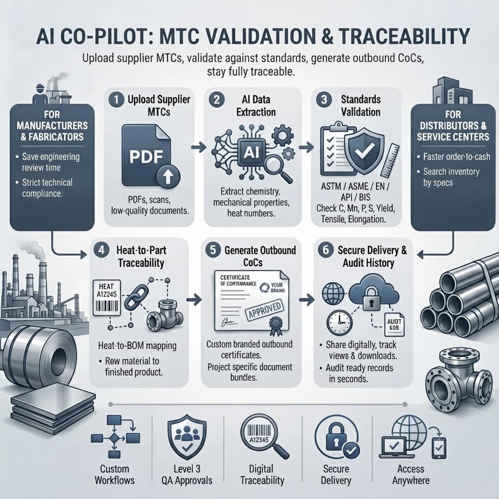 TestCert dashboard showing AI-powered MTC validation with ASTM/EN standard checks and certificate of conformance generation