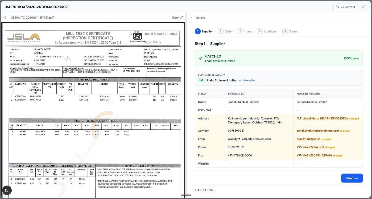 TestCert MTC ingestion — JSL Stainless Mill Test Certificate with AI extraction and supplier matching